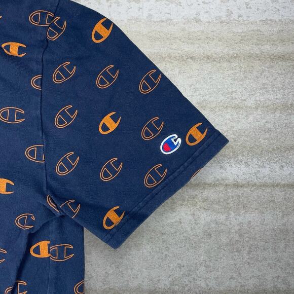 Champion Shirt Navy Blue Reverse Weave Cotton Orange All Over Print Short Sleeve - Picture 3 of 4